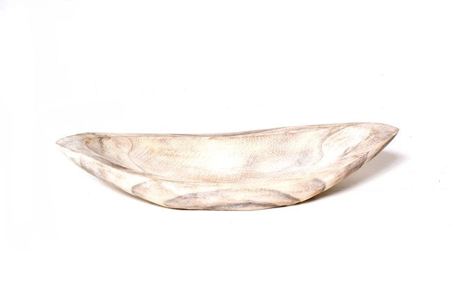 Wooden Oval Sculpted White Wash Bowl